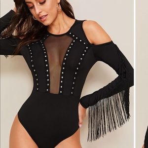 NWT cold shoulder mesh fringe body suit